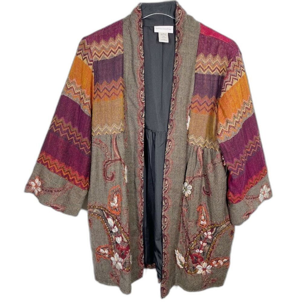 Soft Surroundings Izmir 100% Wool Cardigan Topper Women's Medium Patchwork Fall